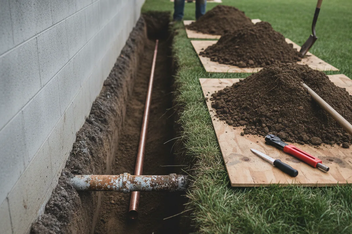 Excavated water line trench during Sewer Line Repair in Novato